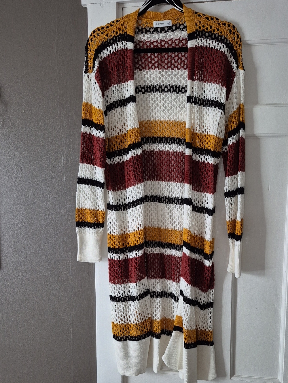 Nine West Open-Knit Striped Long Cardigan in White, Mustard, Burgundy